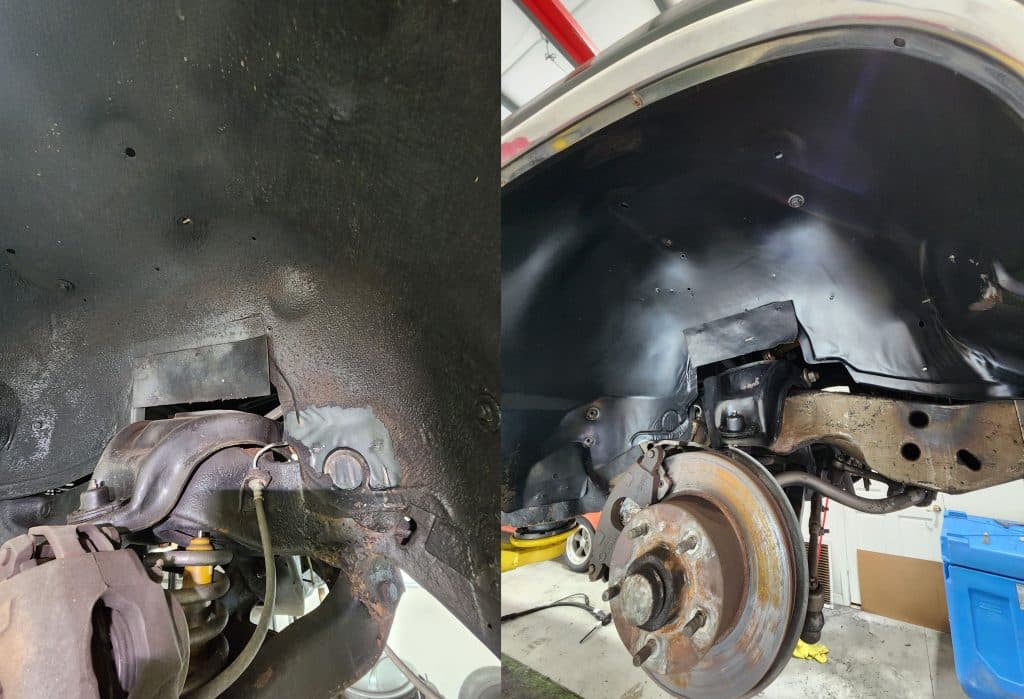 Car wheel well before and after repair